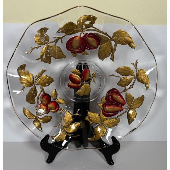 Vintage Glass Intaglio Plate Dish Goofus Glass Ruffled Gold Rim Red Fruit 10.5" - Picture 16 of 16